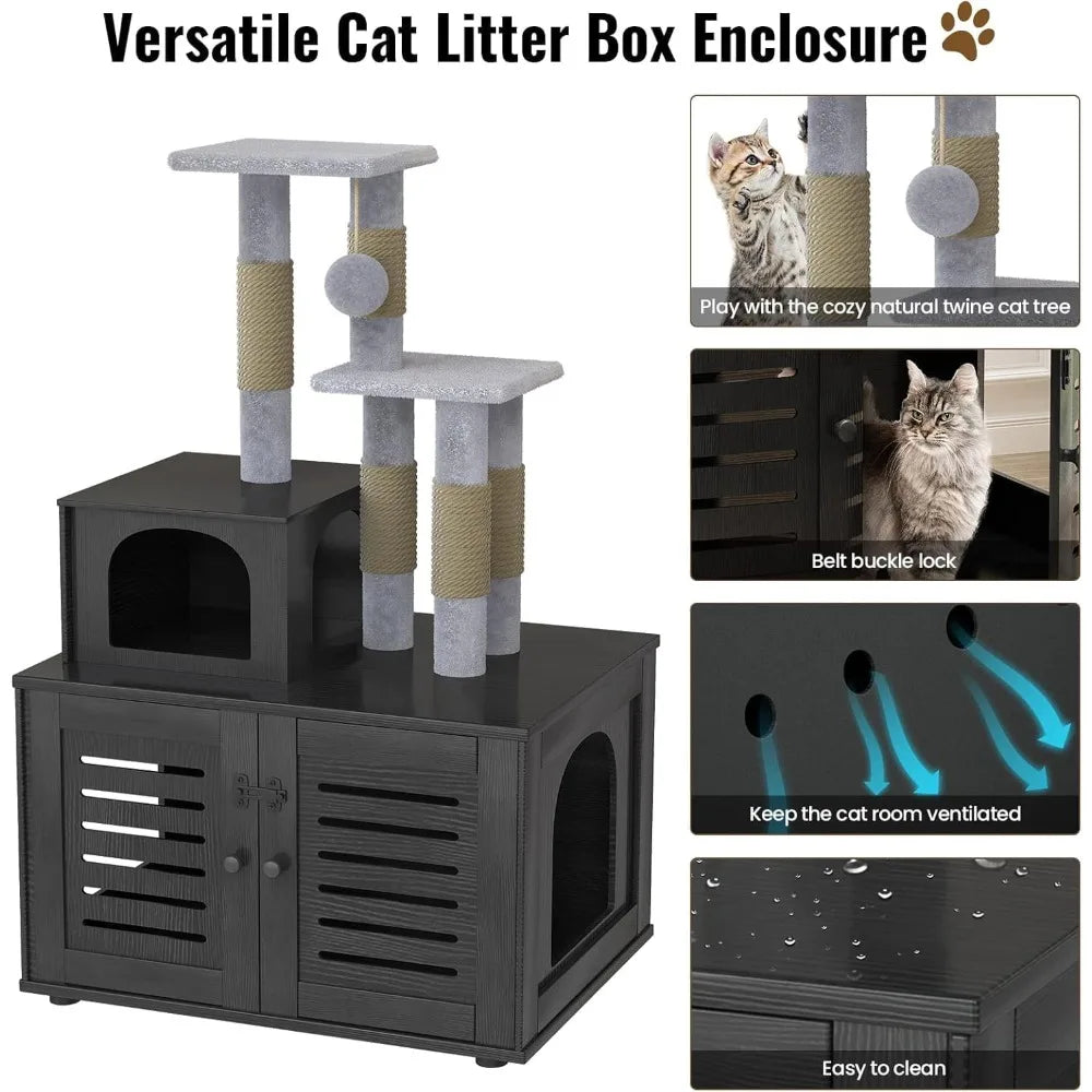 Cat Litter Box Enclosure with Cat Tree Tower 2-in-1 Hidden Pet Washroom Furniture with Scratching Post and Soft Plush Perch Plat