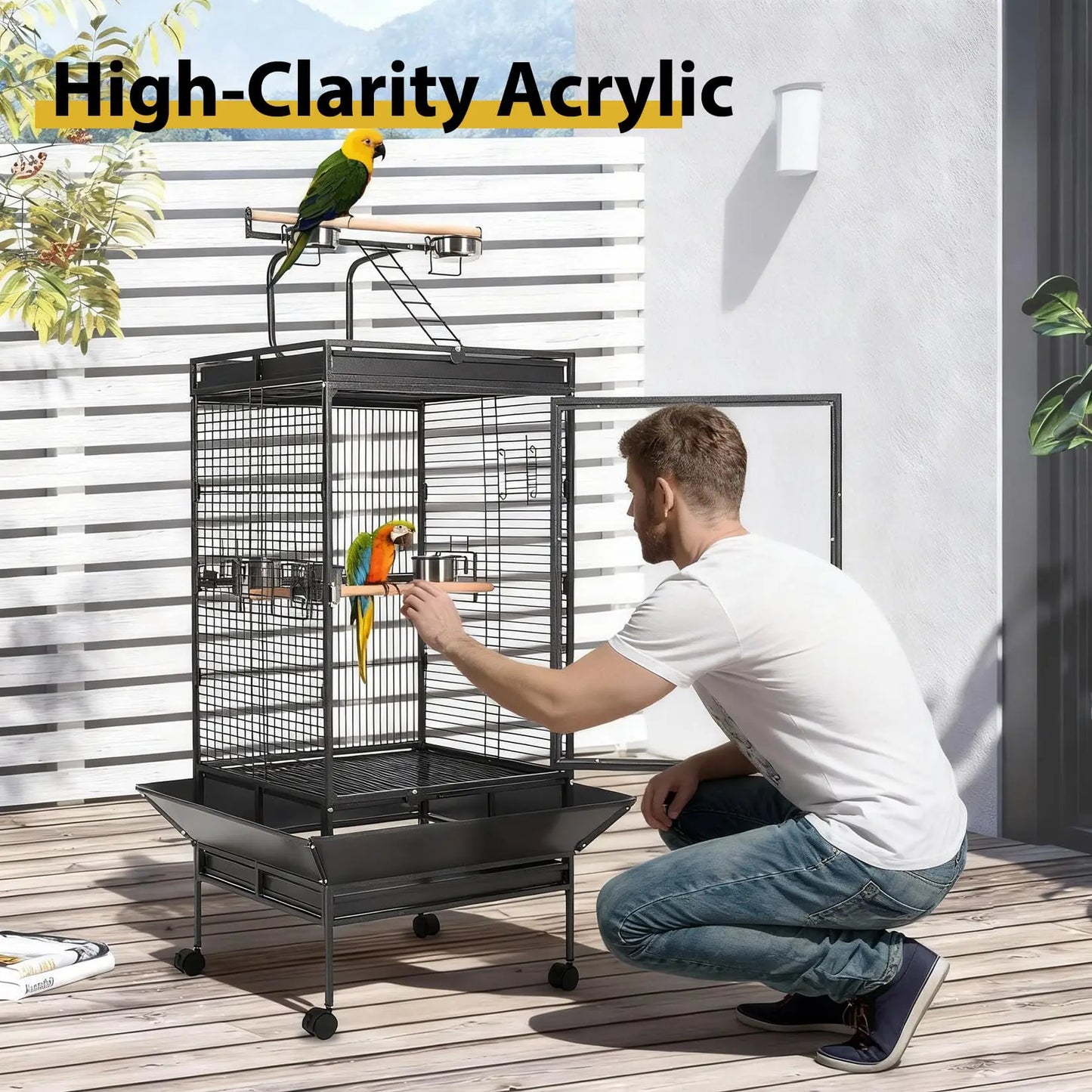 64.4" Tall Large Metal Bird Cage With Rolling Stand Play Top & Bowls Indoor Outdoor Aviary For Parrots Parakeets Conures