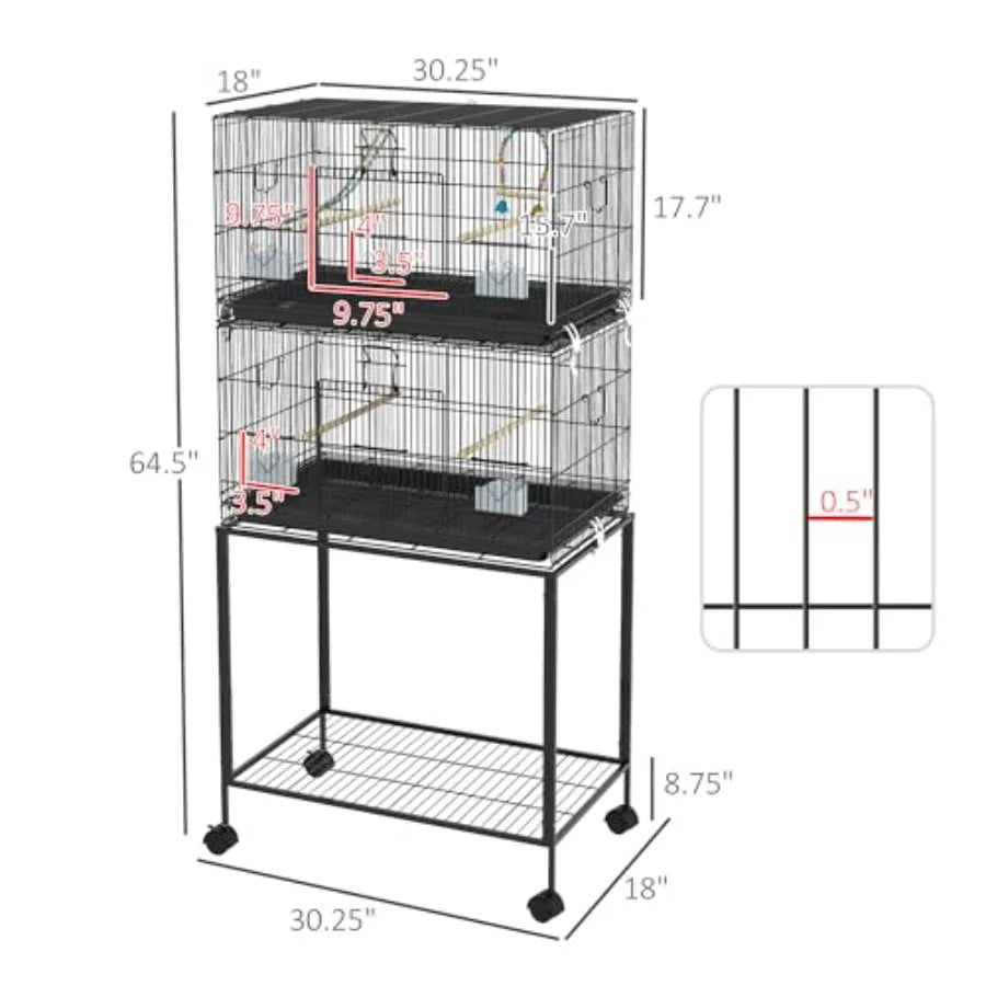 Double Stackable Bird Cage with Stand Featuring Wooden Swing Rope Ladder and Wheels Designed for Canaries Lovebirds Finches and