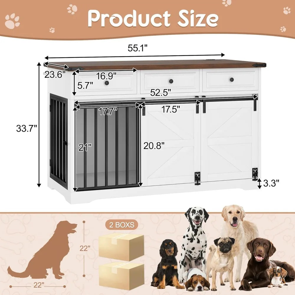 55.1" Furniture Style Dog Crate Furniture, Indoor Dog Kennel with 3 Storage Drawers, Farmhouse Dog Crate with Side Door and Slid