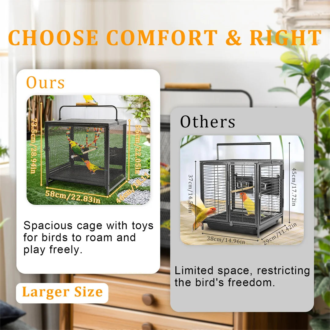 Portable Bird Cage Travel Carrier Cage Playpen with Hammock Toy Removable Tray