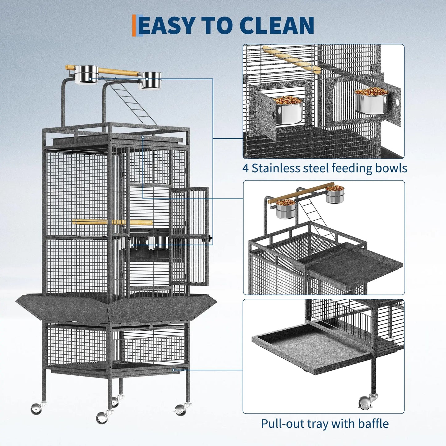 61 Inch Large Bird Cage With Rolling Stand Storage Shelf Slide Out Tray Feeding Bowls Perches For Budgies Small Medium Birds