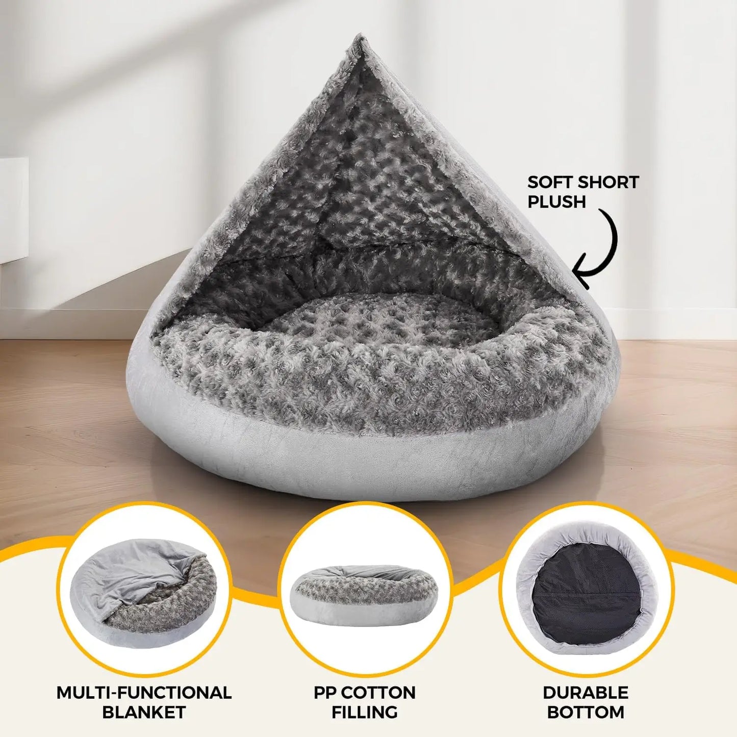 Cave Dog Bed with Blanket, Round Plush Pet Bed, Machine Washable, Anti-Slip, Gray, 26'