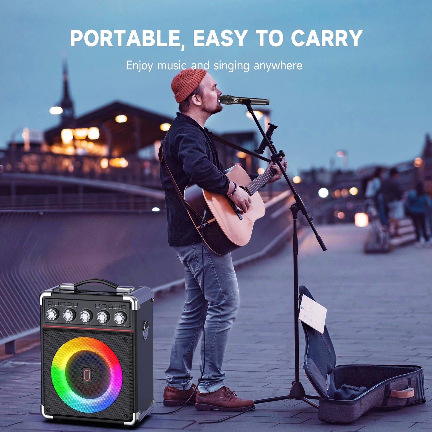 FanFun Karaoke Speaker, Bluetooth Speaker with 2 Microphones and LED Light, Portable Wireless Speaker, Outdoor Party Speaker