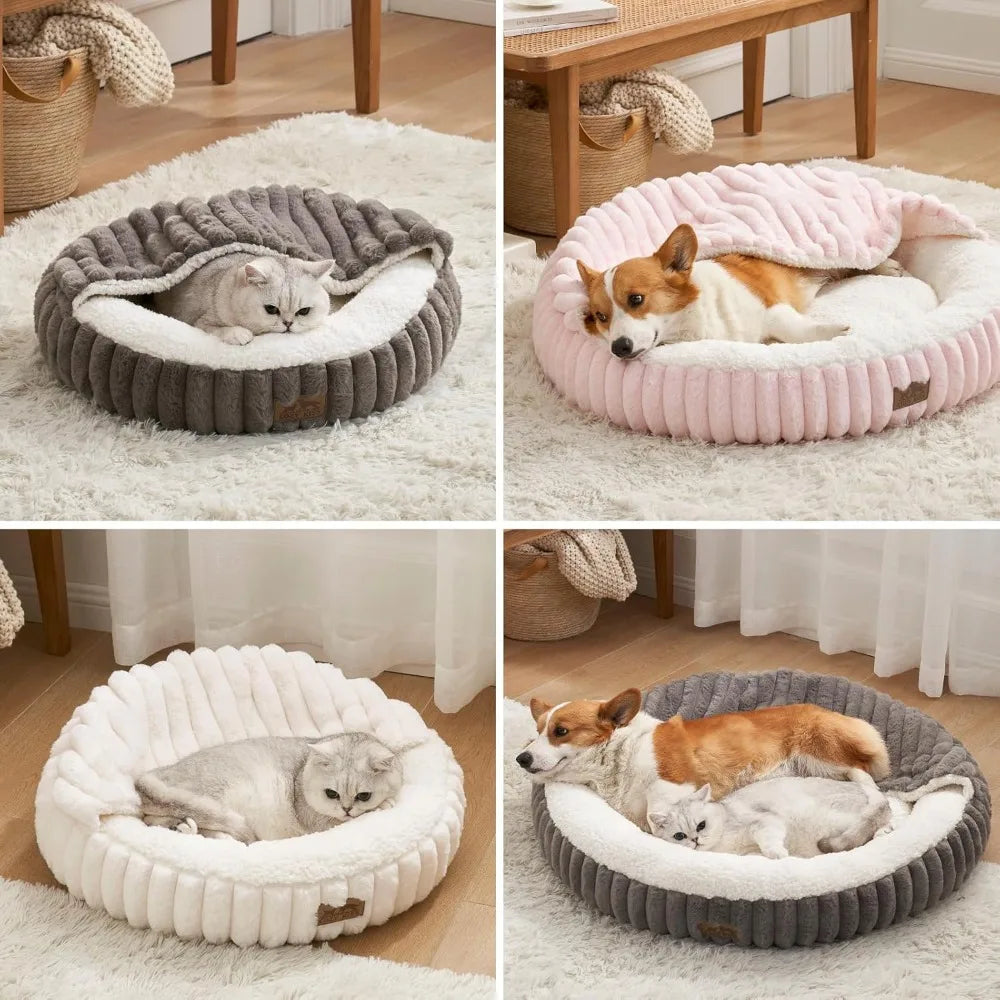 Cat Bed with Hooded Blanket, Round Fluffy Anti-Anxiety Pet Bed for Cats/Small Dogs, Cozy Donut Cuddler with Machine Washable Fau