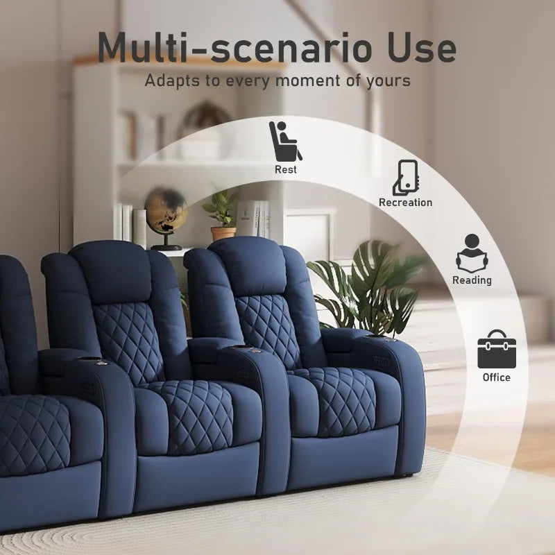 3-Piece Power Recliner Sofa Set, Top Grain Leather with USB & Blue Lighting