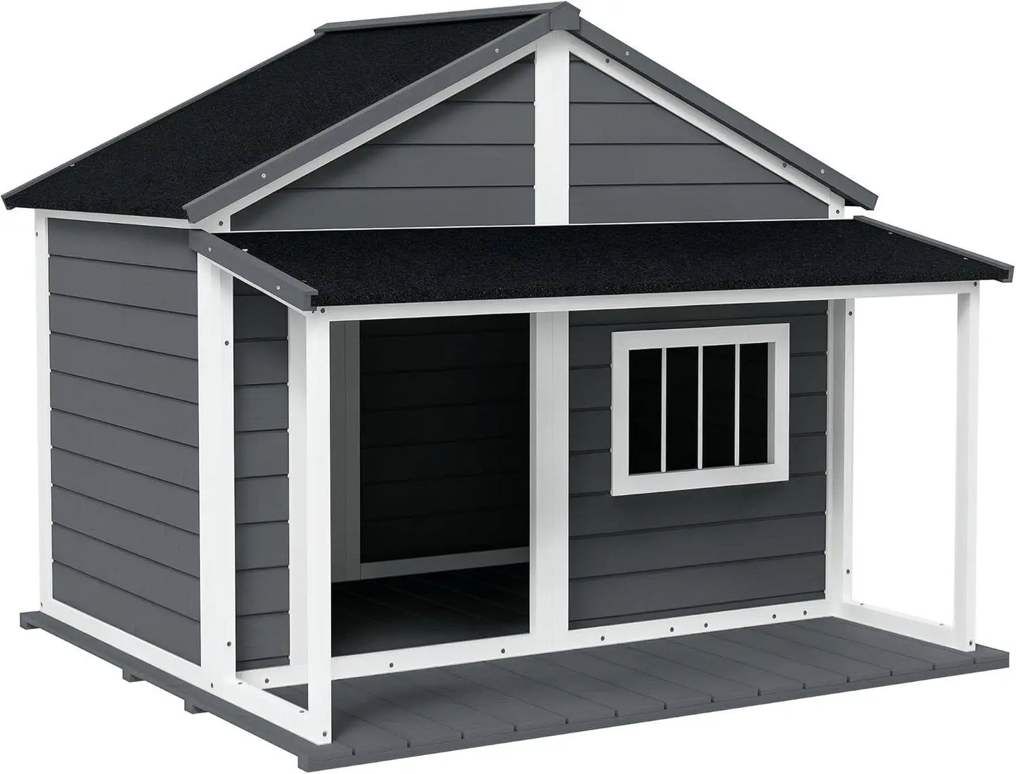 Outdoor Dog House Cabin Style, Wooden Raised Pet Kennel with Asphalt Roof, Front Door, Side Window, Porch for Medium/Large