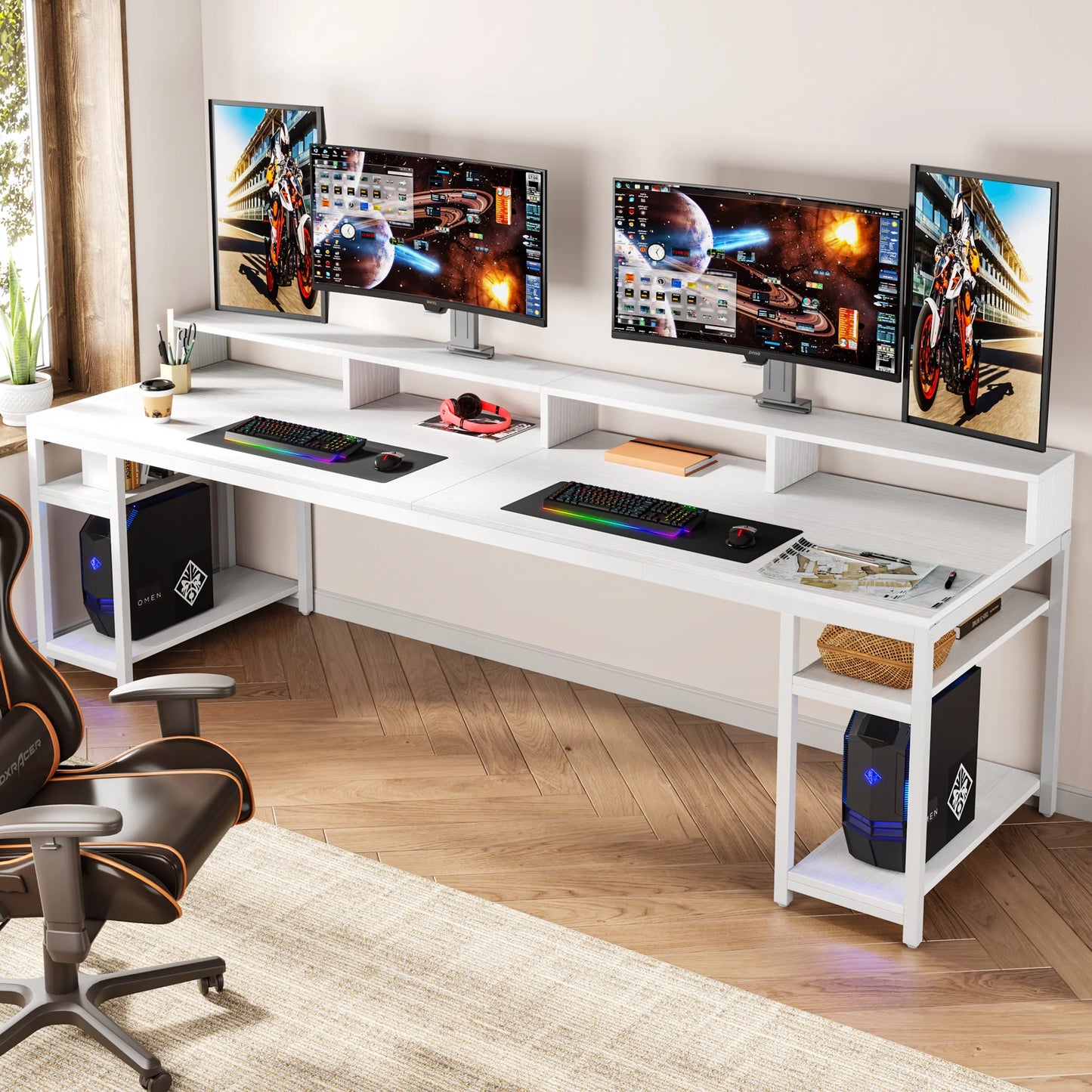 Tribesigns 78.74 Inches Extra Long Two-Person Desk, Double Computer Desk with Monitor Stand and Storage Shelves, Work Table
