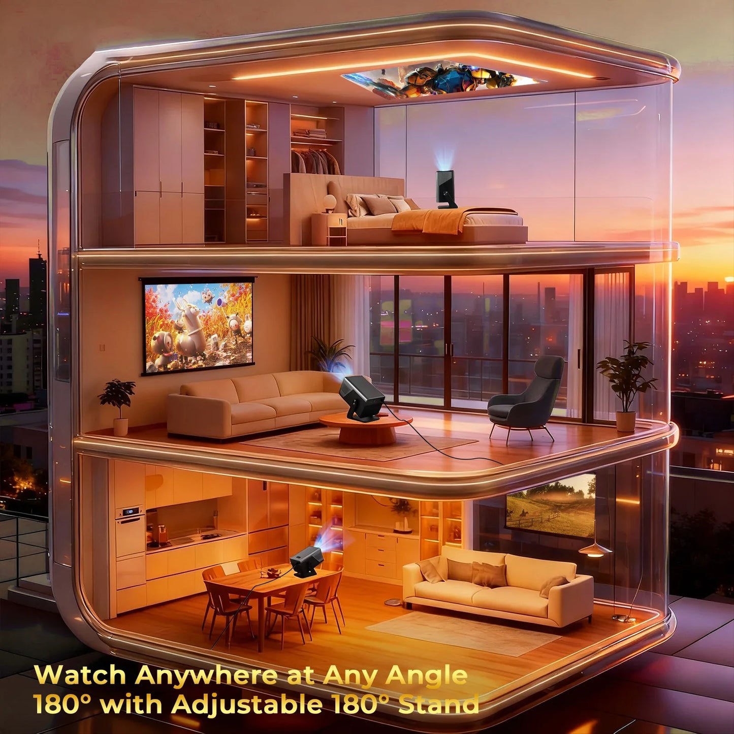 Smart Android Projector with Auto Focus & Auto Keystone Correction, Native 1080P Supports 8K Movie Beamer for Home Entertainment