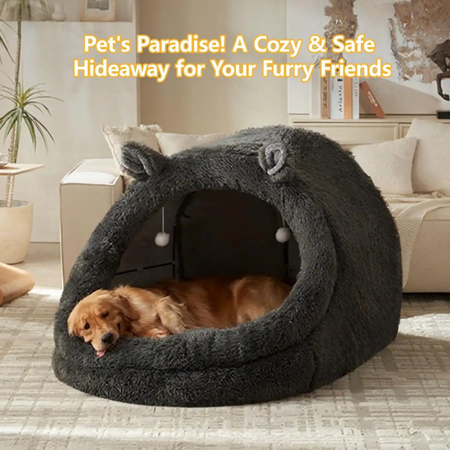 Jumbo Plush Pet Bed with Canopy - 55'x43'x35', Gray, Removable Pillow & Blanket, Machine Washable, Bunny Ear Design