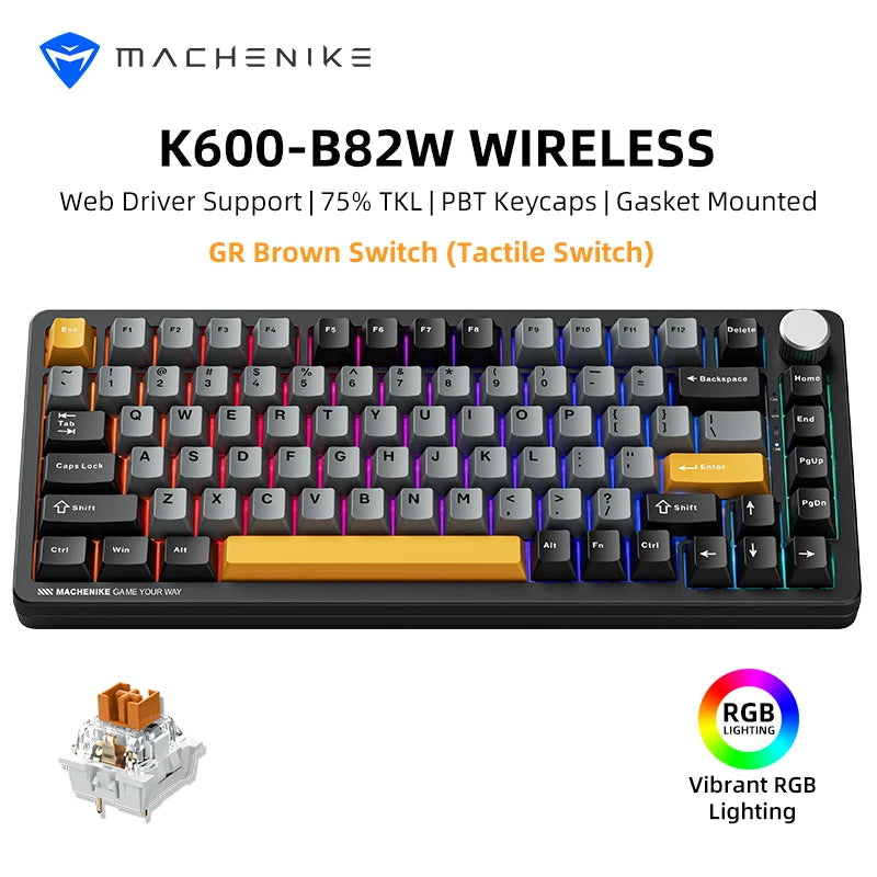 Machenike K600-B82W Mechanical Keyboard 75% ANSI Layout Gasket Mounted Web Driver Support RGB Backlit Wireless Gaming Keyboard