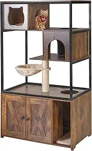 Wooden Cat Washroom Furniture - Enclosure with Hidden Litter Box, Condo, Hammock, Scratching Mat and Storage Shelves