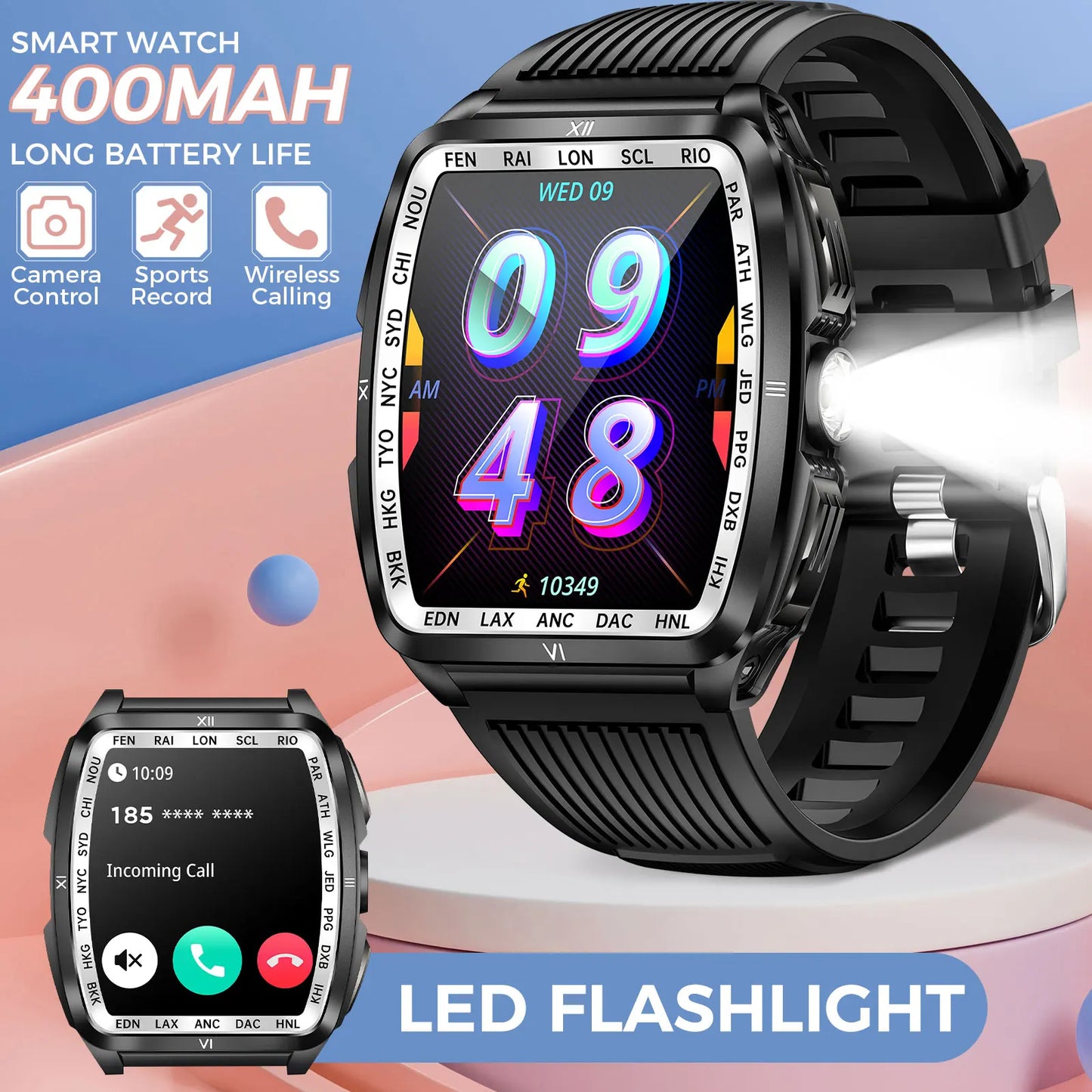 LaNikar New Military Smart Watch for Men1.8'' HD Barrel Screen 50M Waterproof LED Flashlight Fitness Tracker Heart Rate Monitor
