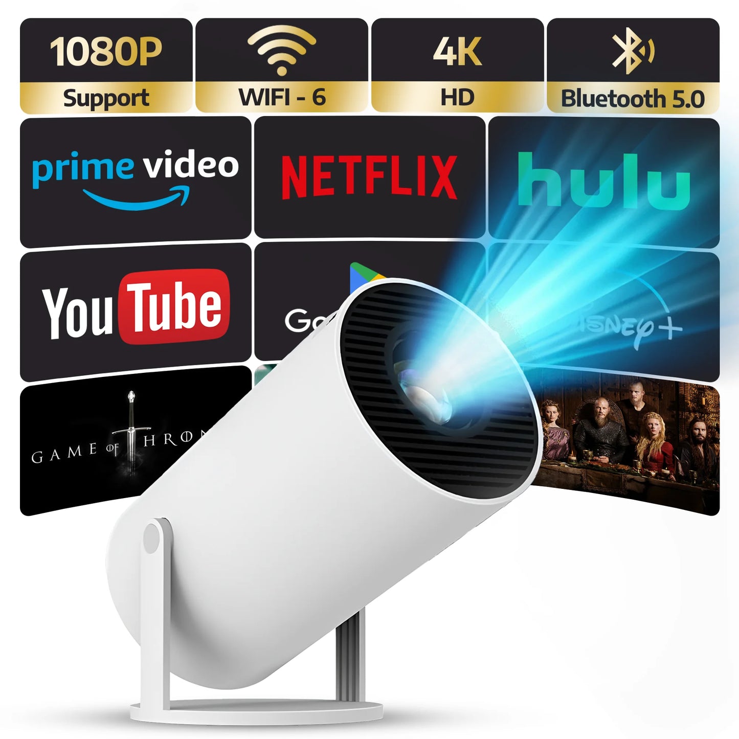 Upgraded Projector with WiFI 6 and Bluetooth Mini Portable Smart Video Theater 4K HD 1080P Suitable for Outdoor Home Android