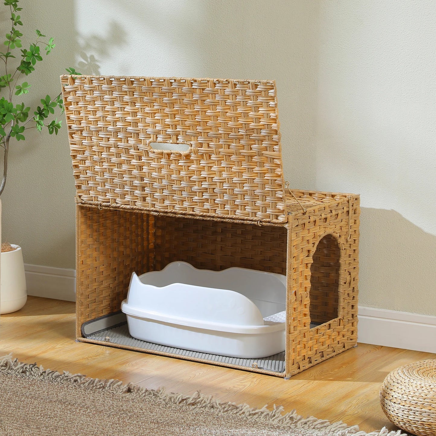 Cat Litter Box Enclosure Furniture with Door Hidden Litter Box Handwoven Rattan Cat House Bed for Large Cats Indoor Room Winter