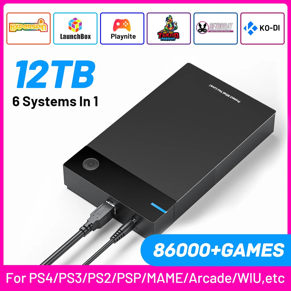12T Gaming HDD with Hyperspin Launchbox Retrobat Playnite Super Console For PS3/PS2/PSP/WII/WIIU/DC with 86000+ Retro Vidoe Game