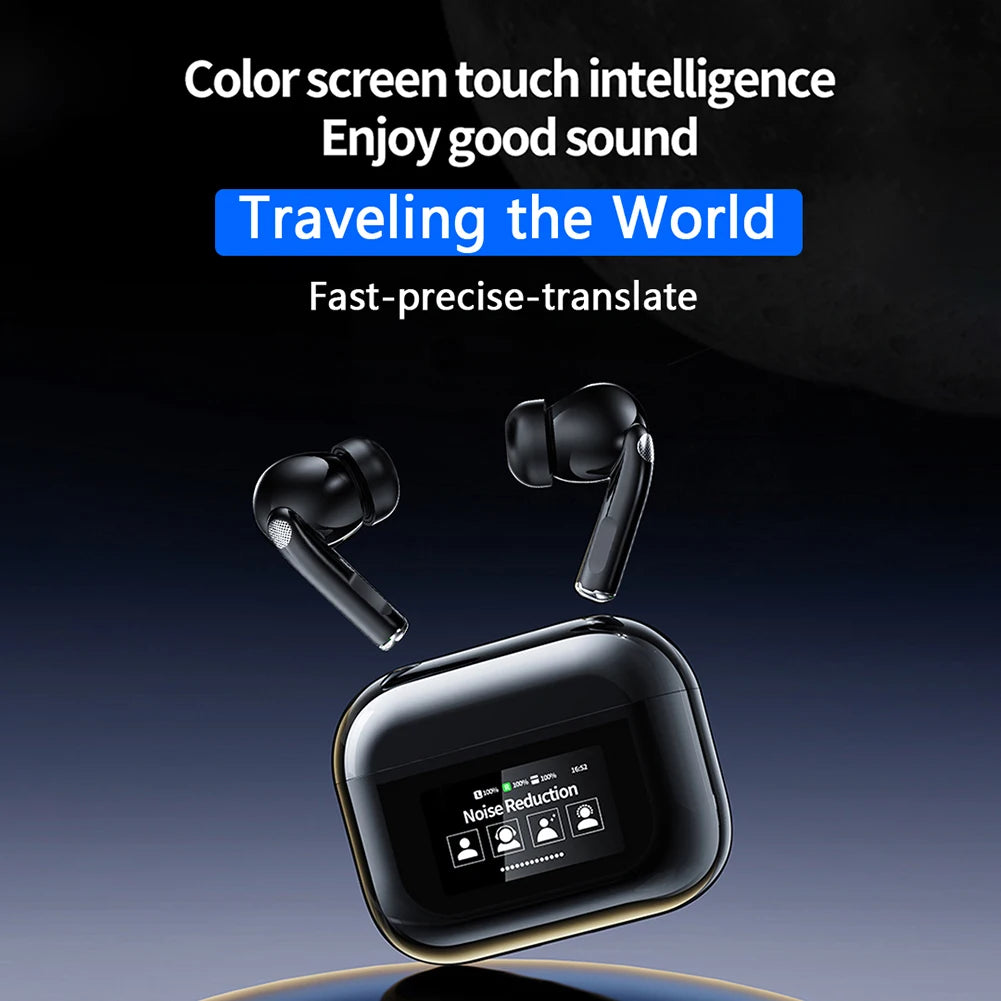 Wireless BT 5.4 Real Time Translator Earbuds ANC Noise Cancelling 144 Languages Translator Headset Smart Touch Screen Housing