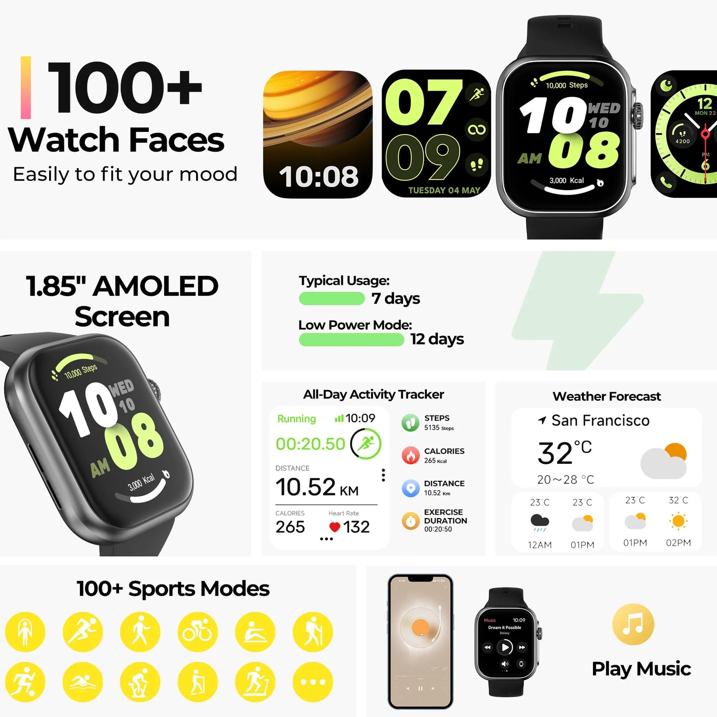 Little meatball, Smart Watch, Fitness Tracker, SpO2 Sleep Monitor, 1.83-inch Wireless Talk 13-Day Battery, (Black)