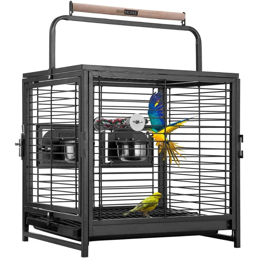 19 Inch Wrought Iron Bird Travel Carrier Cage for Parrots Conures Lovebird Cockatiel Parakeets Black Ideal for Air Travel and O