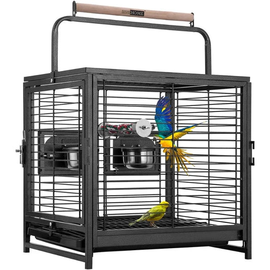 19 Inch Wrought Iron Bird Travel Carrier Cage for Parrots Conures Lovebird Cockatiel Parakeets Black Ideal for Air Travel and O