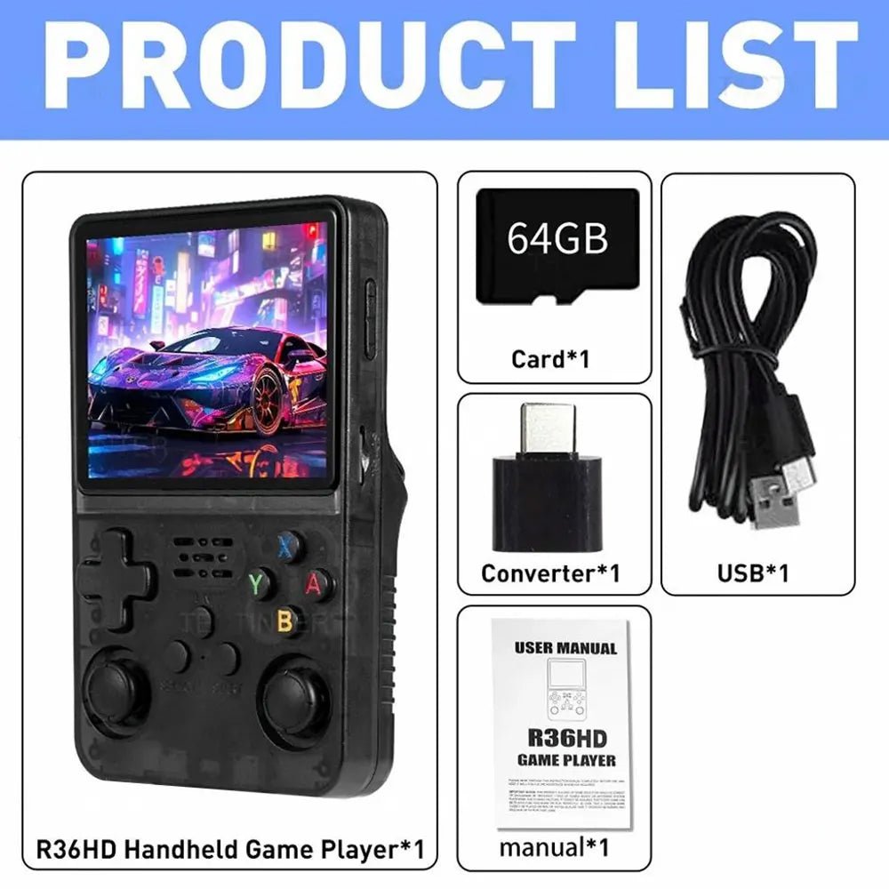 WUDS Open Source R36HD Retro Handheld Video Game Console Linux System 3.5 Inch IPS Screen Portable Pocket Video Player 64G games