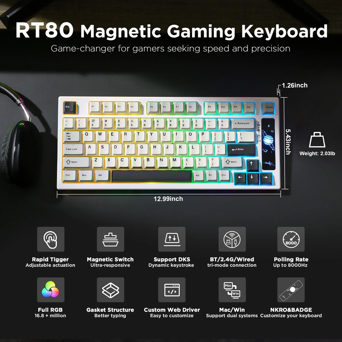 YUNZII RT80 Hall Effect 8K Rapid Trigger Gaming Mechanical Keyboard, 82-Key Wireless Adjustable Actuation Magnetic Hot Swap Keeb