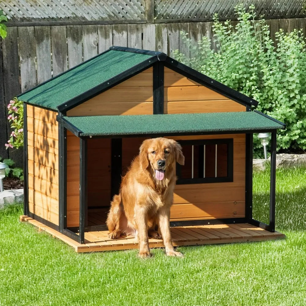 Outdoor Dog House Cabin Style, Wooden Raised Pet Kennel with Asphalt Roof, Front Door, Side Window, Porch for Medium/Large