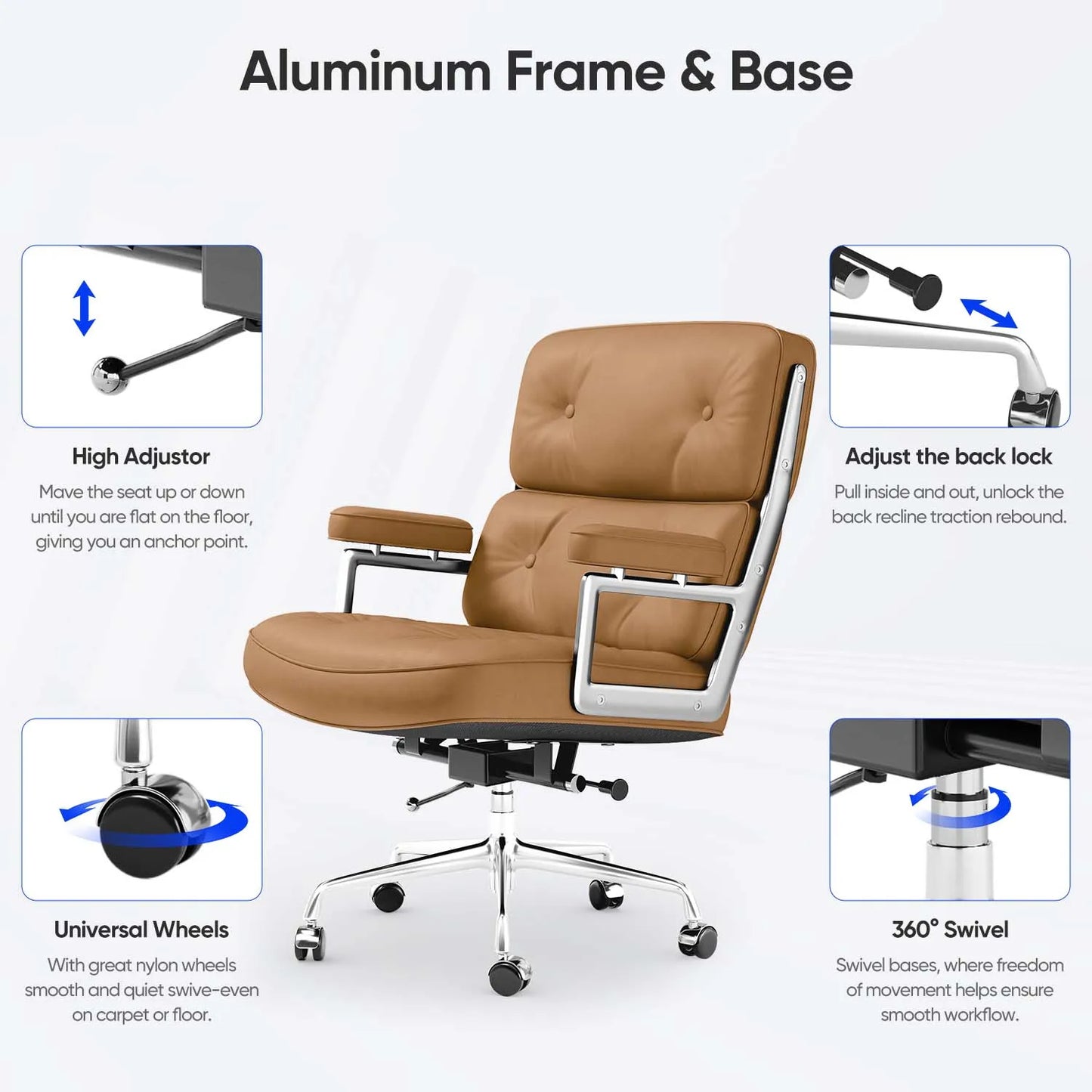 Adjustable Swivel Rolling Office Chairs Soft Pad Genuine Leather Chairs Mid Back Executive Desk Office Chair Computer Chairs