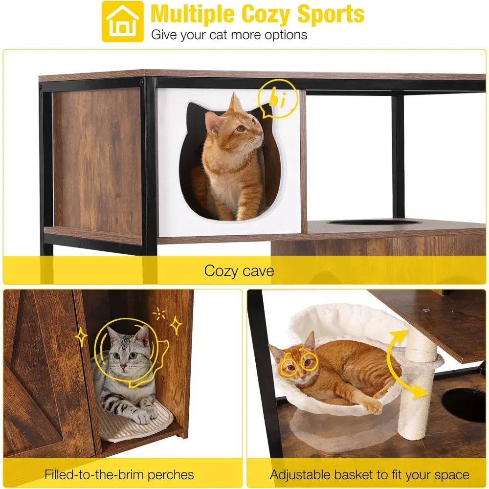 Wooden Cat Washroom Furniture - Enclosure with Hidden Litter Box, Condo, Hammock, Scratching Mat and Storage Shelves