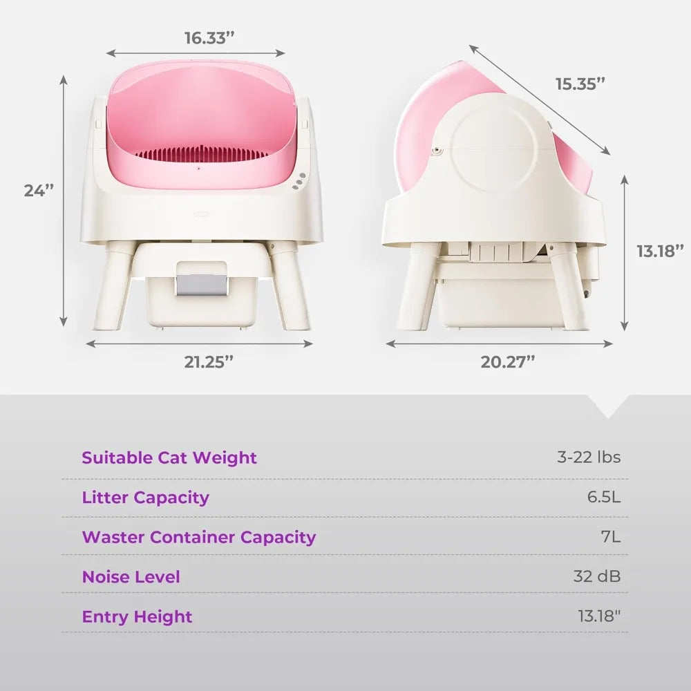 Cleaning Cat Litter Box, Open Top Automatic Litter Box for Multiple Cats, Liners and Mat Included, Pink