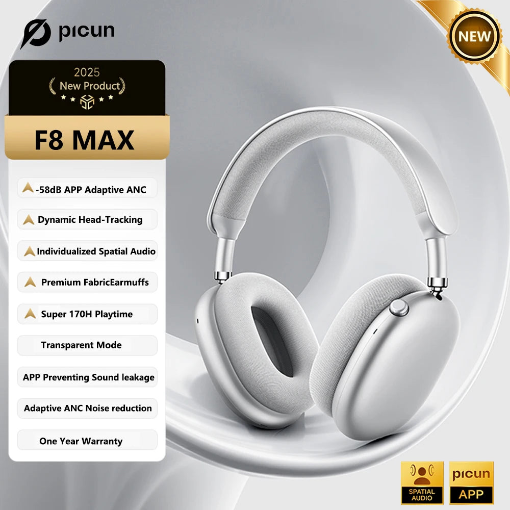 Picun F8 Pro ANC Wireless Headphones Head Tracking 3D Spatial Audio -52dB ANC HIFI Bluetooth Headset ENC HD Mic Low-Latency APP