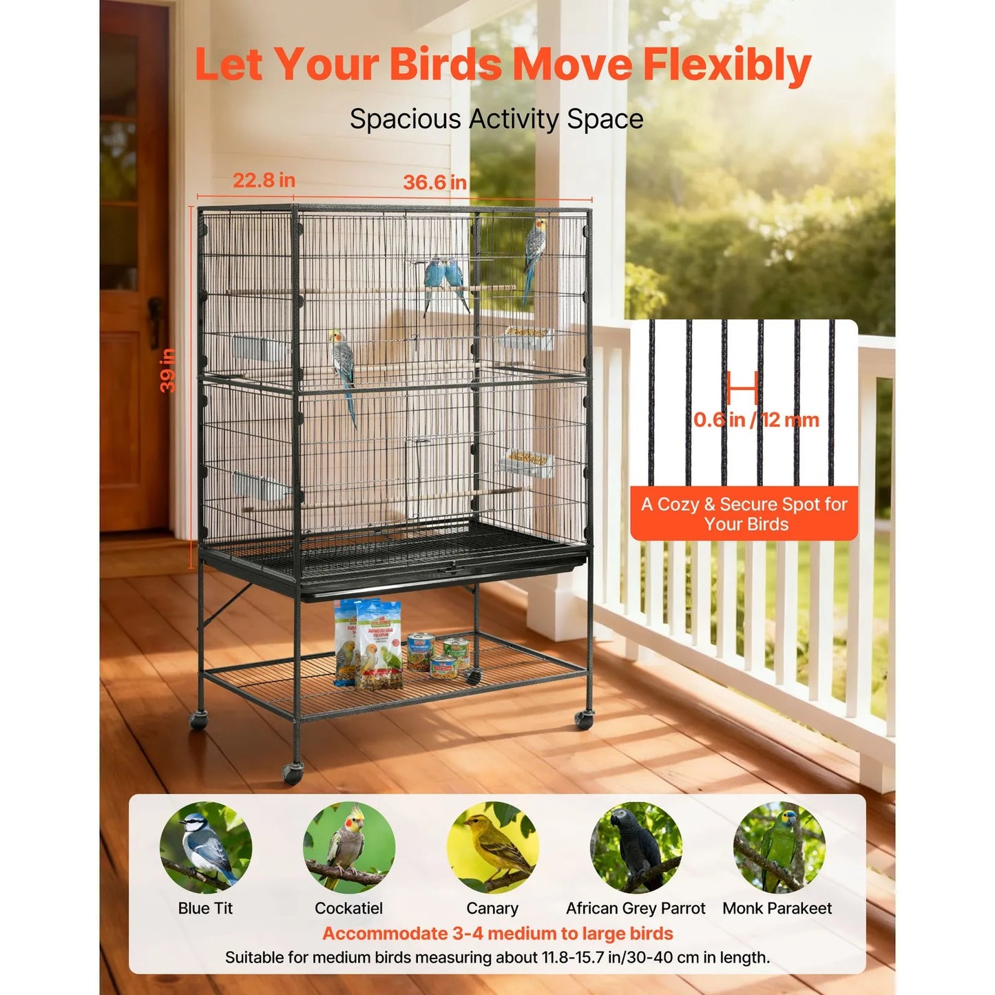 Bird Cage for Flight with Wrought Iron Design, 36.6 x 22.8 x 59.5 Inches