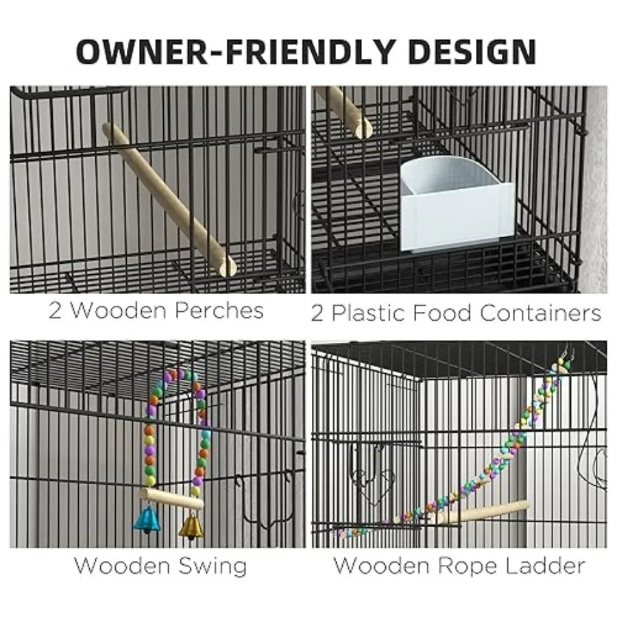 Double Stackable Bird Cage with Stand Featuring Wooden Swing Rope Ladder and Wheels Designed for Canaries Lovebirds Finches and