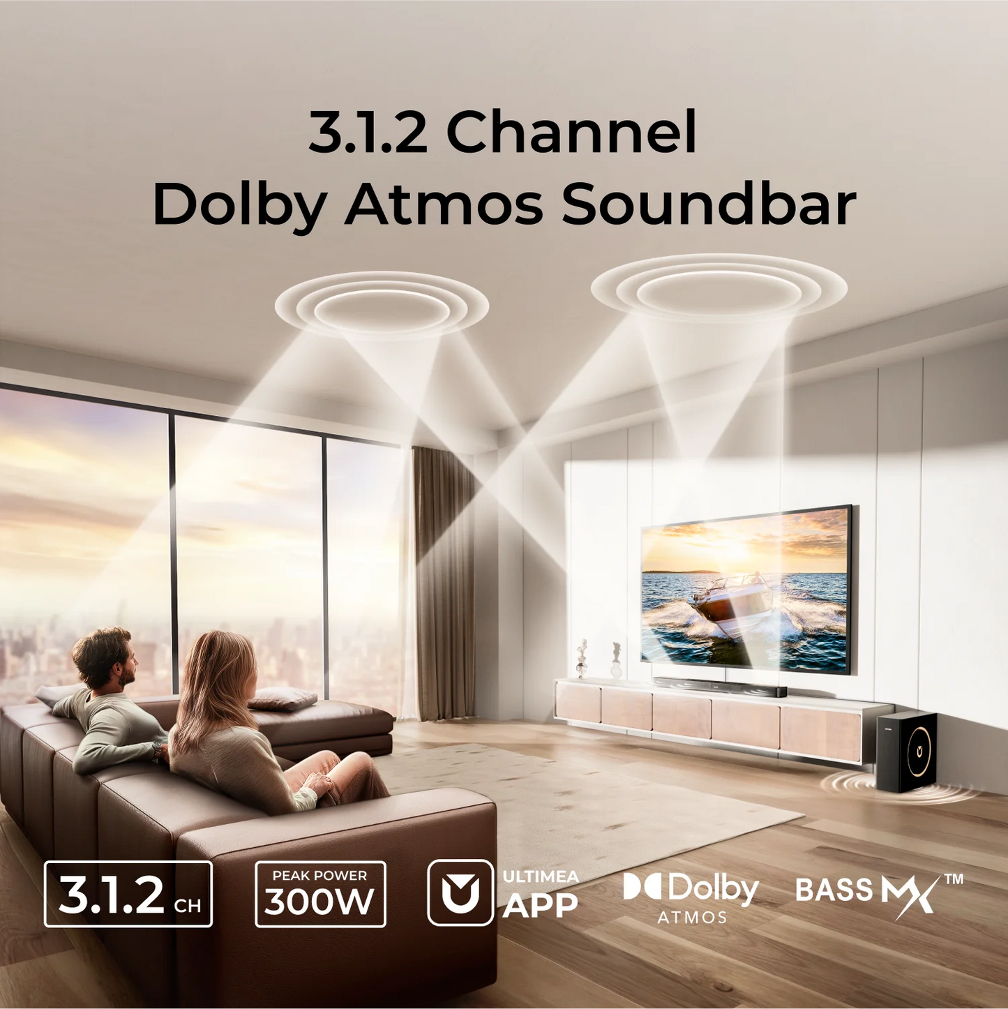 ULTIMEA Skywave F30 Soundbar 3.1.2ch 300W Dolby Atmos Soundbar, with 5.25'' Wired Subwoofer, Home Theater for TV, APP Control