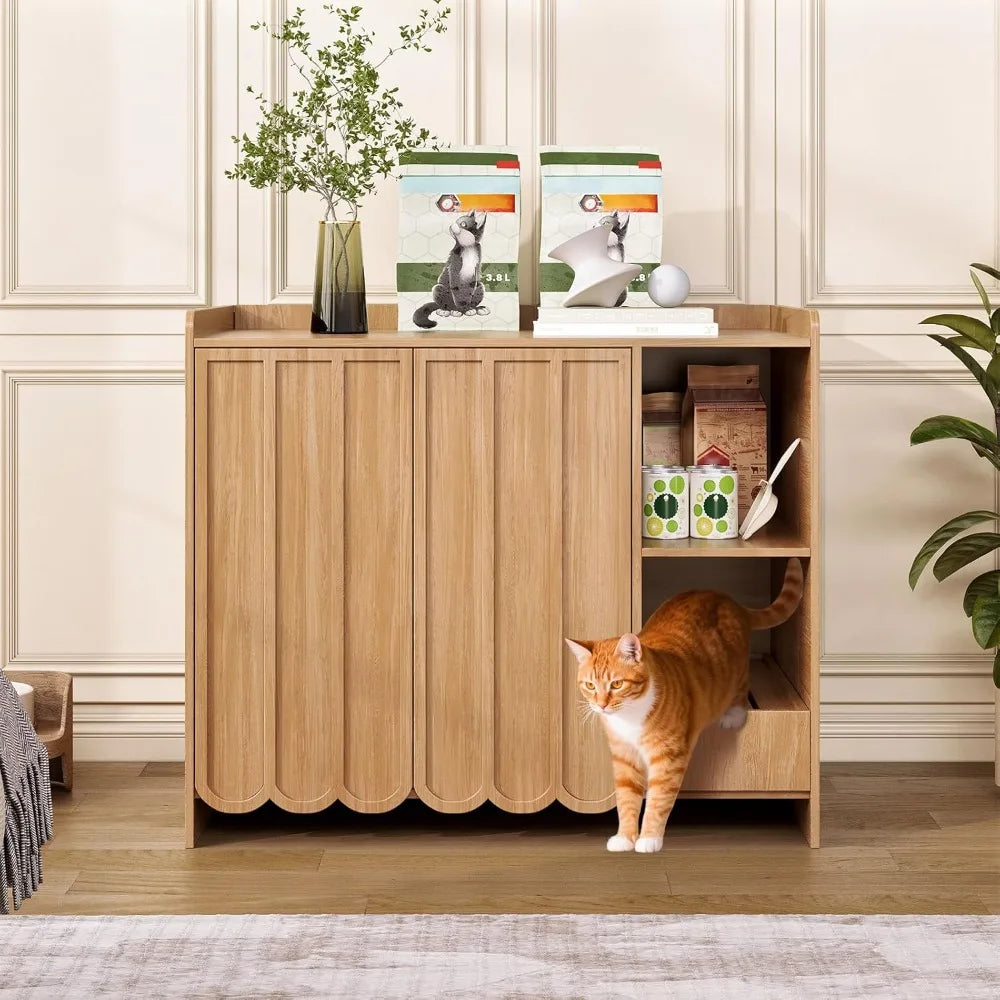 Large Cat Litter Box Enclosure, Hidden Litter Box Furniture with Removable Litter Collector & Dog-Proof Shelf, Modern Wooden Cat