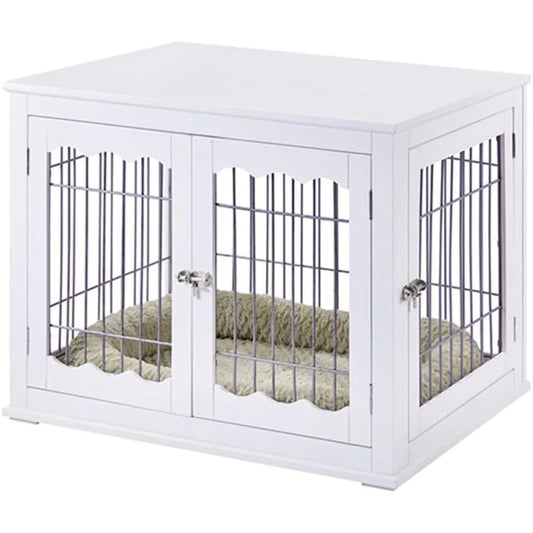 Medium Dog Crate - 32 Inch White Furniture Style Indoor Pet Kennel with Modern Decorative Wood and Wire Design