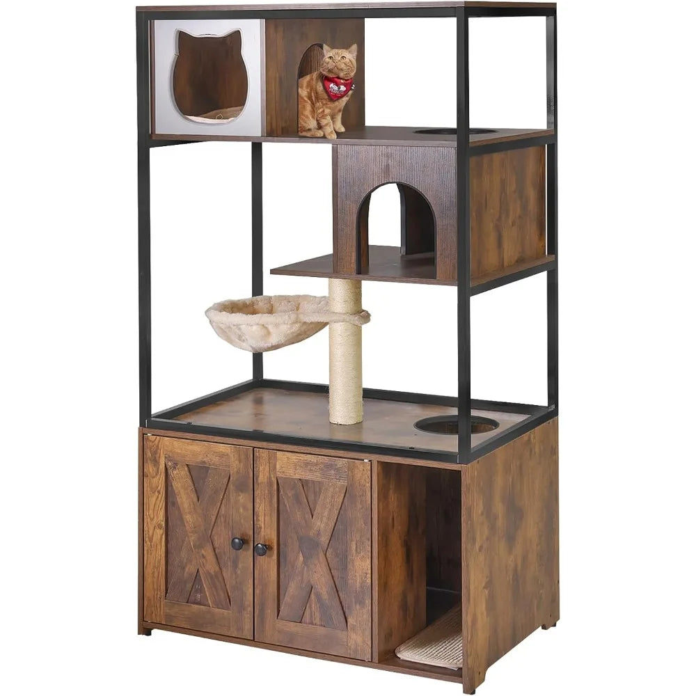 Wooden Cat Washroom Furniture - Enclosure with Hidden Litter Box, Condo, Hammock, Scratching Mat and Storage Shelves