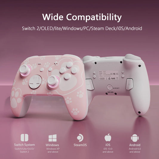 FUNLAB Switch 2 Pro Controller For Switch OLED/Lite/PC With Hall Effect/RGB/Paddle/Turbo Nintendo Luminous cat paw GamePad-pink