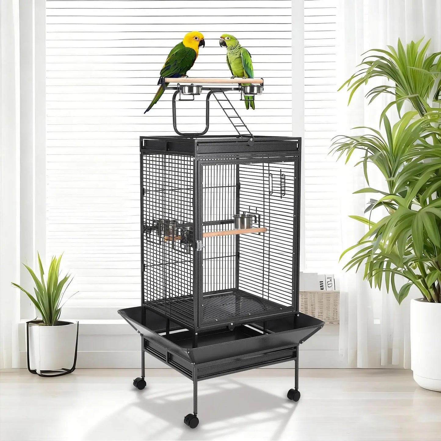 64.4" Tall Large Metal Bird Cage With Rolling Stand Play Top & Bowls Indoor Outdoor Aviary For Parrots Parakeets Conures