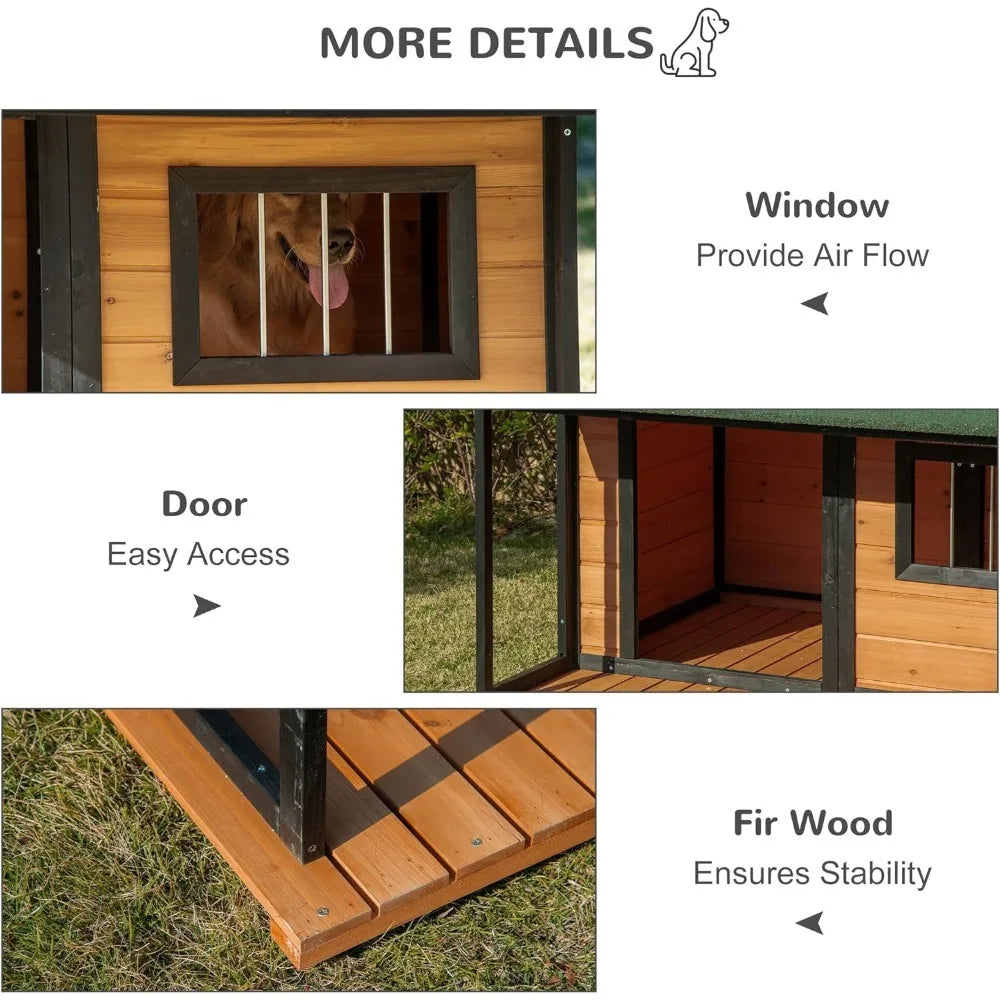 Outdoor Dog House Cabin Style, Wooden Raised Pet Kennel with Asphalt Roof, Front Door, Side Window, Porch for Medium/Large