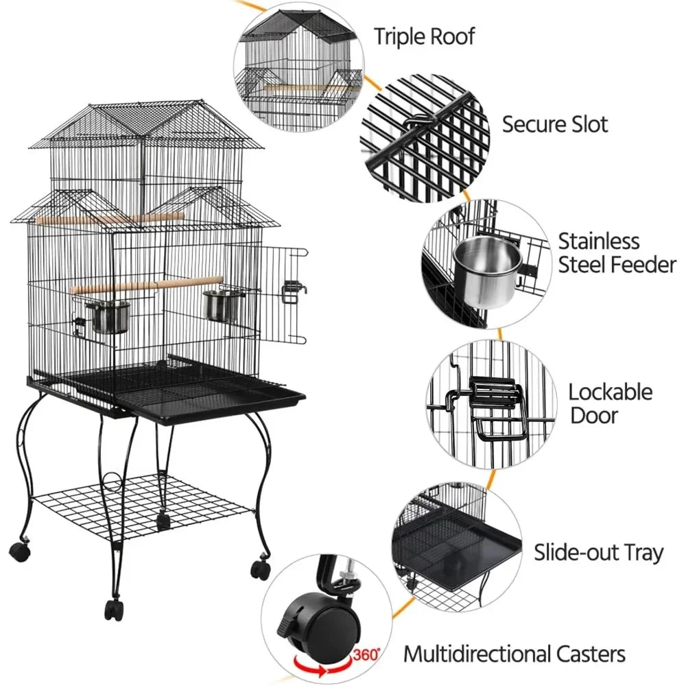 Cage 55-inch Rolling Standing Triple Roof Medium Parrot Cage Pet Bird Cage with Detachable Stand for Cockatiels