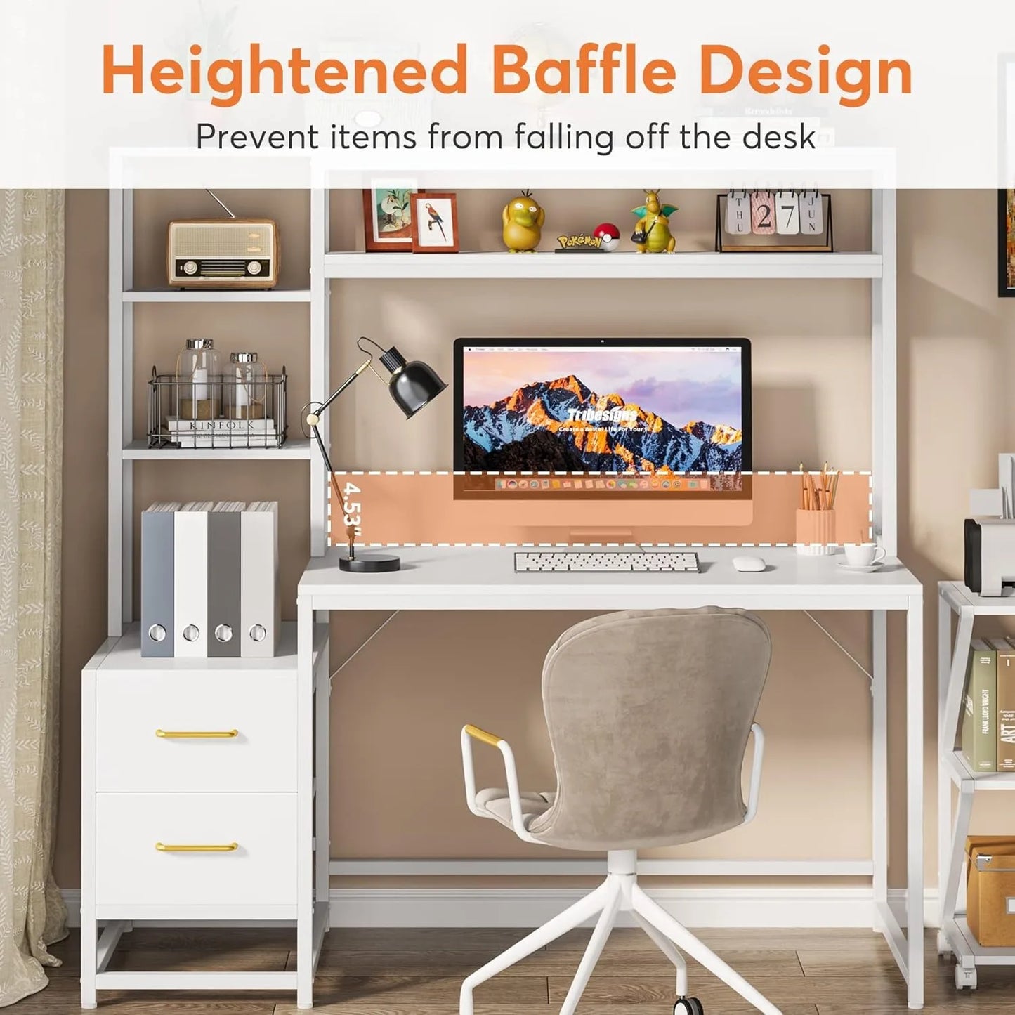 55 Inch Computer Desk with 2 Drawers and Storage Shelves, Modern Study Writing Gaming Table Laptop Workstation for Home Office