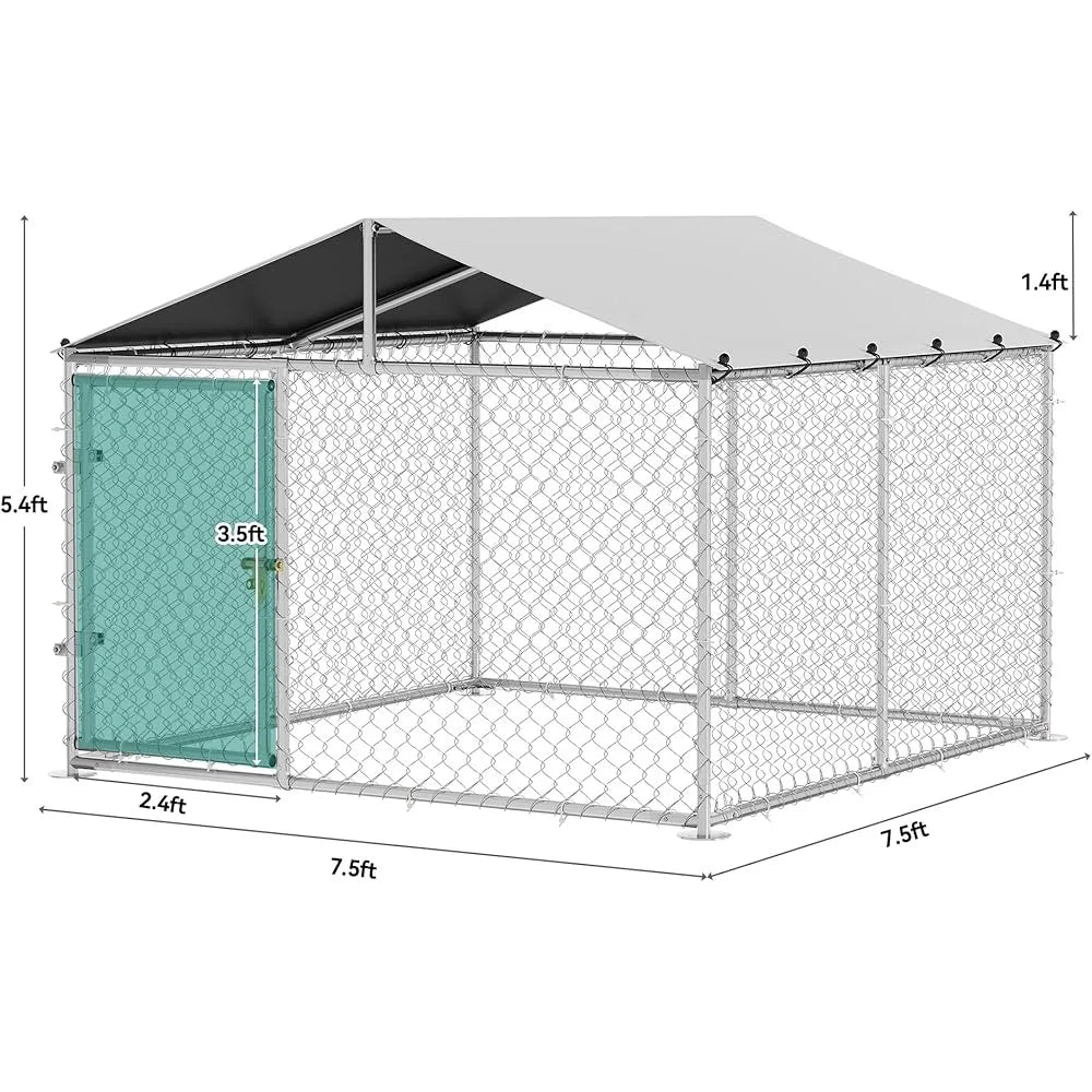 7.5'x7.5' Outdoor Dog Kennel with Metal Dog Gate, Outdoor Dog Pens with Roof, Heavy Duty Dog Kennel for Backyard Farm