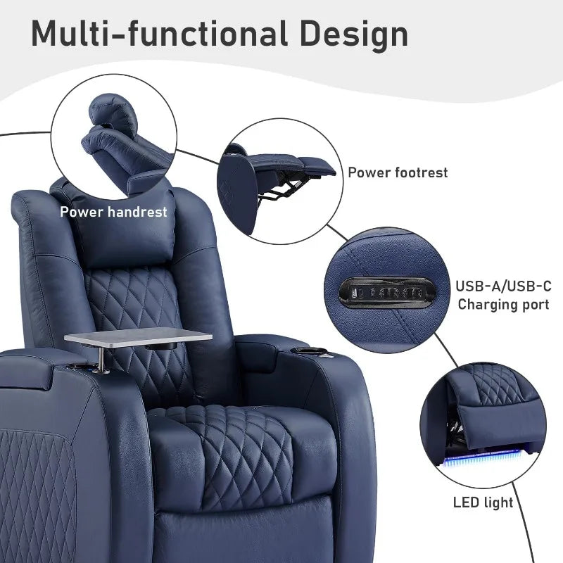3-Piece Power Recliner Sofa Set, Top Grain Leather with USB & Blue Lighting