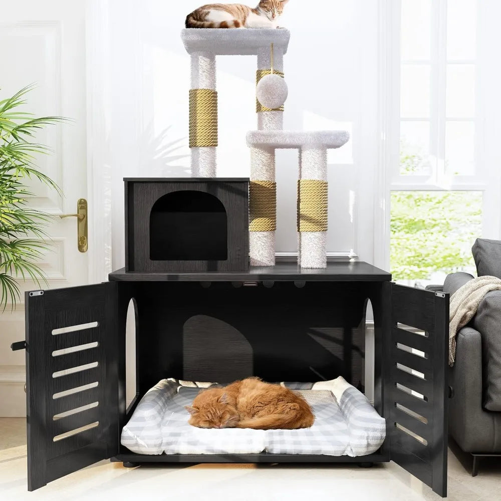 Cat Litter Box Enclosure with Cat Tree Tower 2-in-1 Hidden Pet Washroom Furniture with Scratching Post and Soft Plush Perch Plat