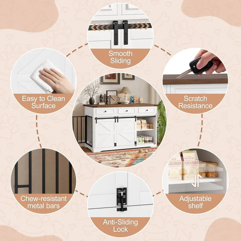 55.1" Furniture Style Dog Crate Furniture, Indoor Dog Kennel with 3 Storage Drawers, Farmhouse Dog Crate with Side Door and Slid