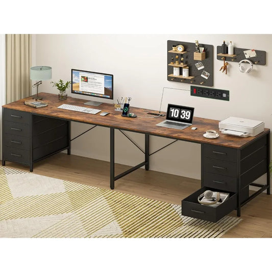 110" 2 Person Desk with 8 Drawers, Large Writing Home Office Desks with Outlets, I Shaped Workstation Double Desk Drawer Organi