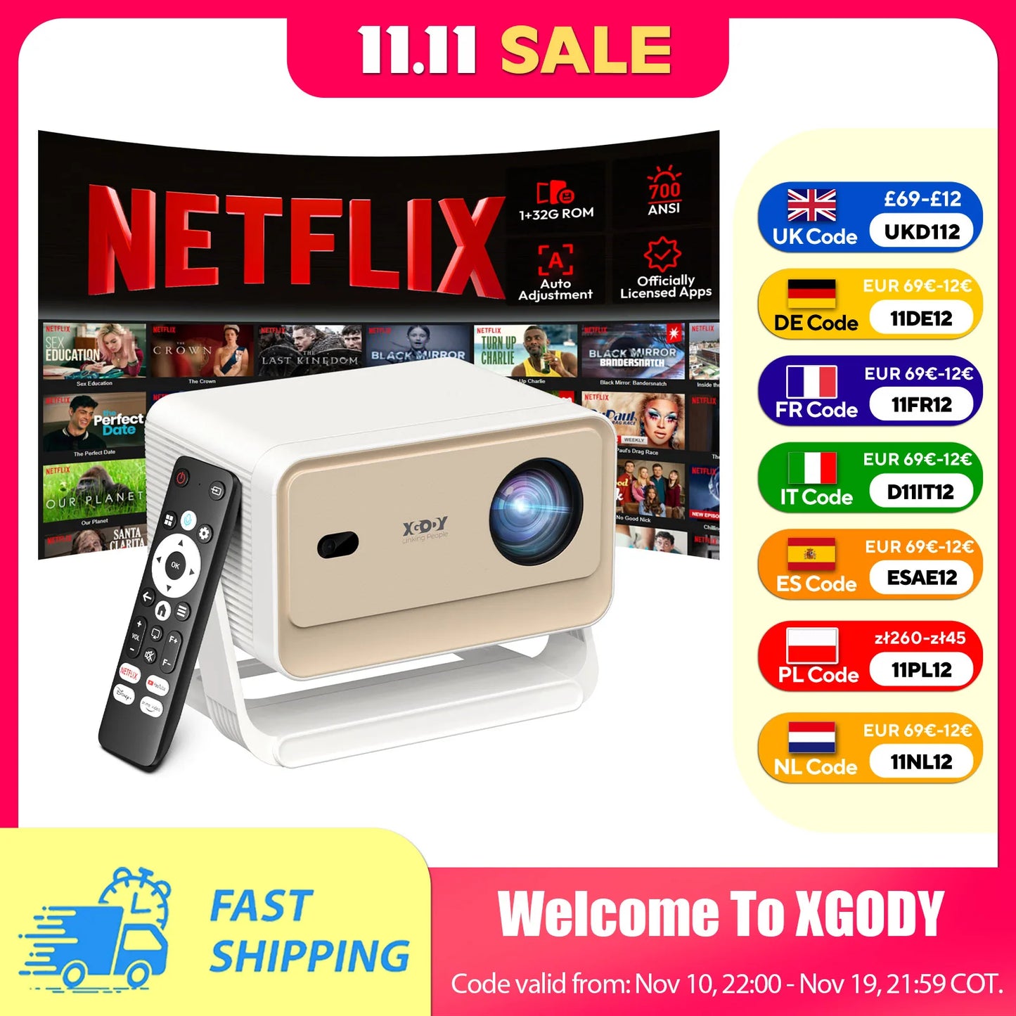 XGODY Projector Netflix Officially 700 ANSI 4K Voice Control Smart Android TV Whale OS 8/32GB ROM for Outdoor Movie Home Theater