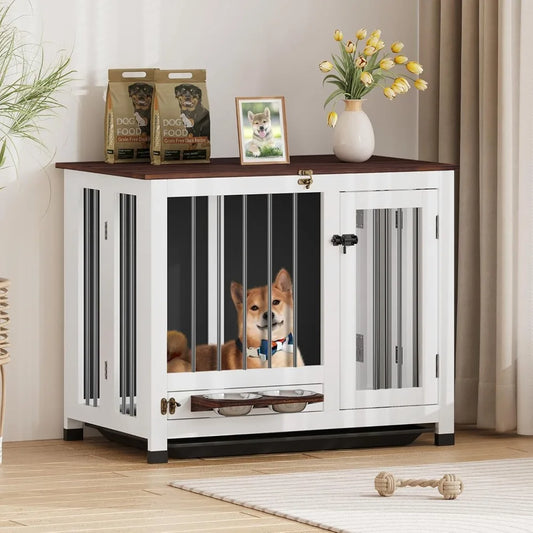 Wooden Dog Kennel with 360-Degree Swiveling Feeder and Removable Tray - Multi-Functional Indoor End Table for Dogs