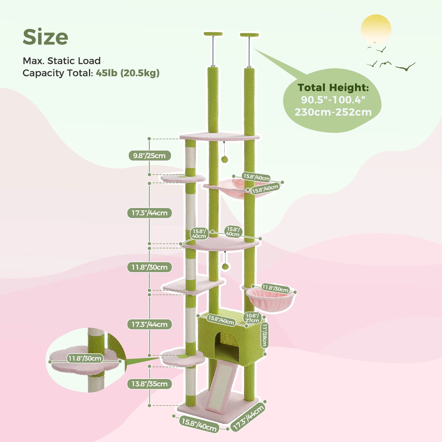 Floor to Ceiling Cactus Cat Tree Tower Adjustable Height with Cat Condo Cozy Hammock and Scratching Post Tall Activity Tree